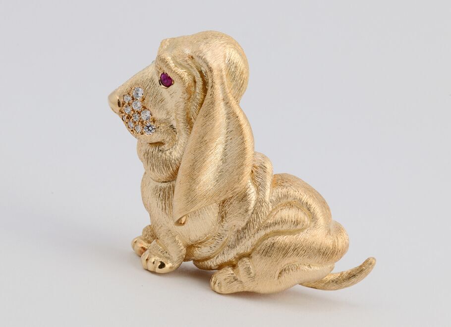 Basset Hound Brooch Yellow Gold Ruby Diamonds