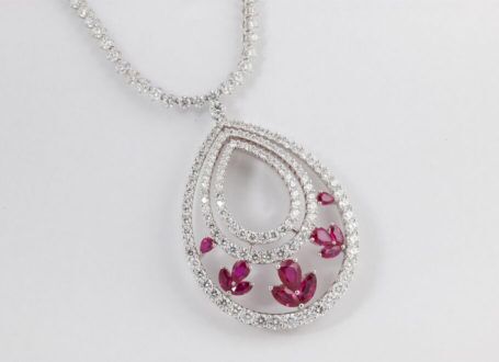 14K Pink Sapphire Diamond Pendant on Ruby Beaded Necklace